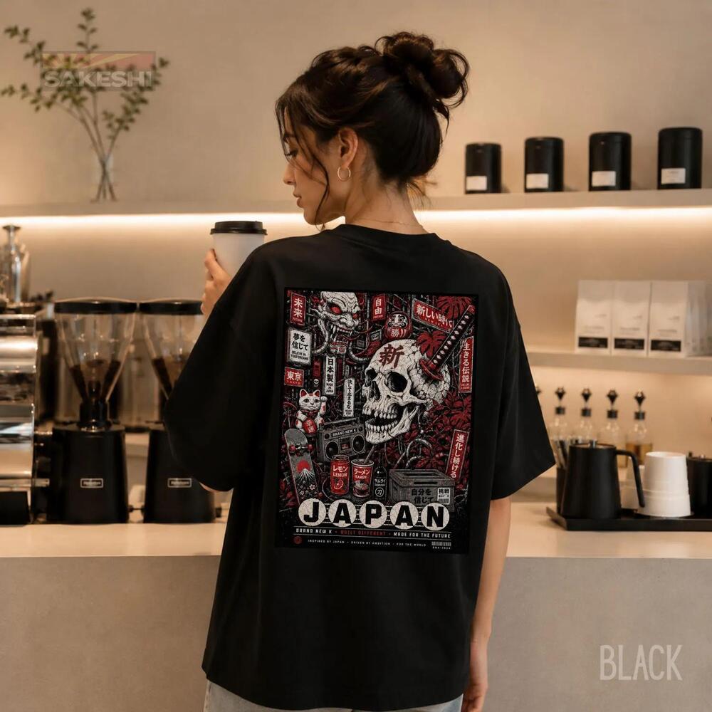 Japanese Skull Unisex T-Shirt, Japan Streetwear Graphic Tee, Retro Shirt